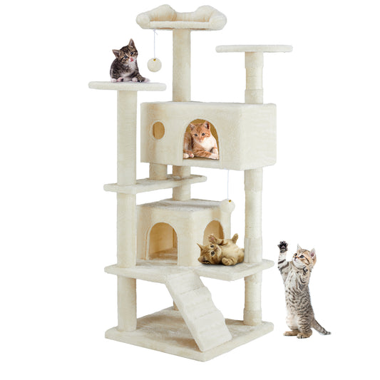 Cat tree with multiple levels and a slide, featuring cats interacting with it on a white background.